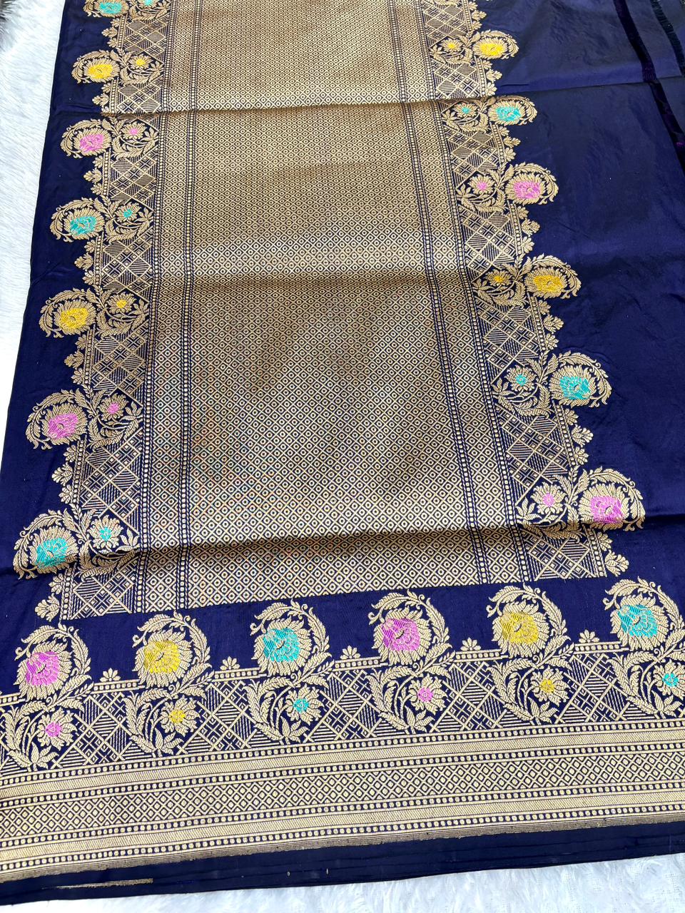Midnight Navy Handloom Silk Saree with Golden Floral Guldasta Motifs and Intricate Meenakari Border
