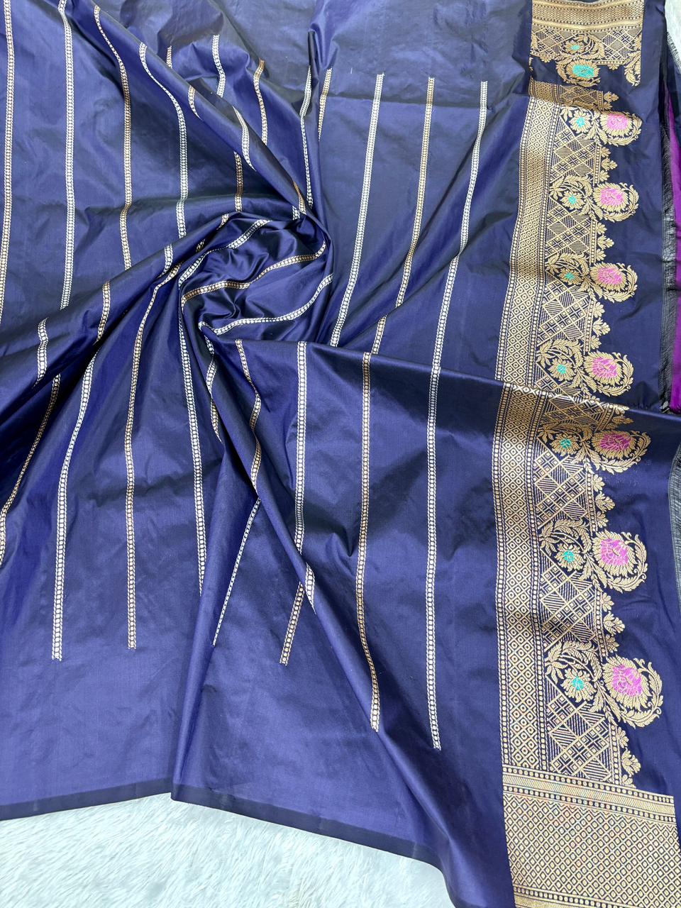 Midnight Navy Handloom Silk Saree with Golden Floral Guldasta Motifs and Intricate Meenakari Border