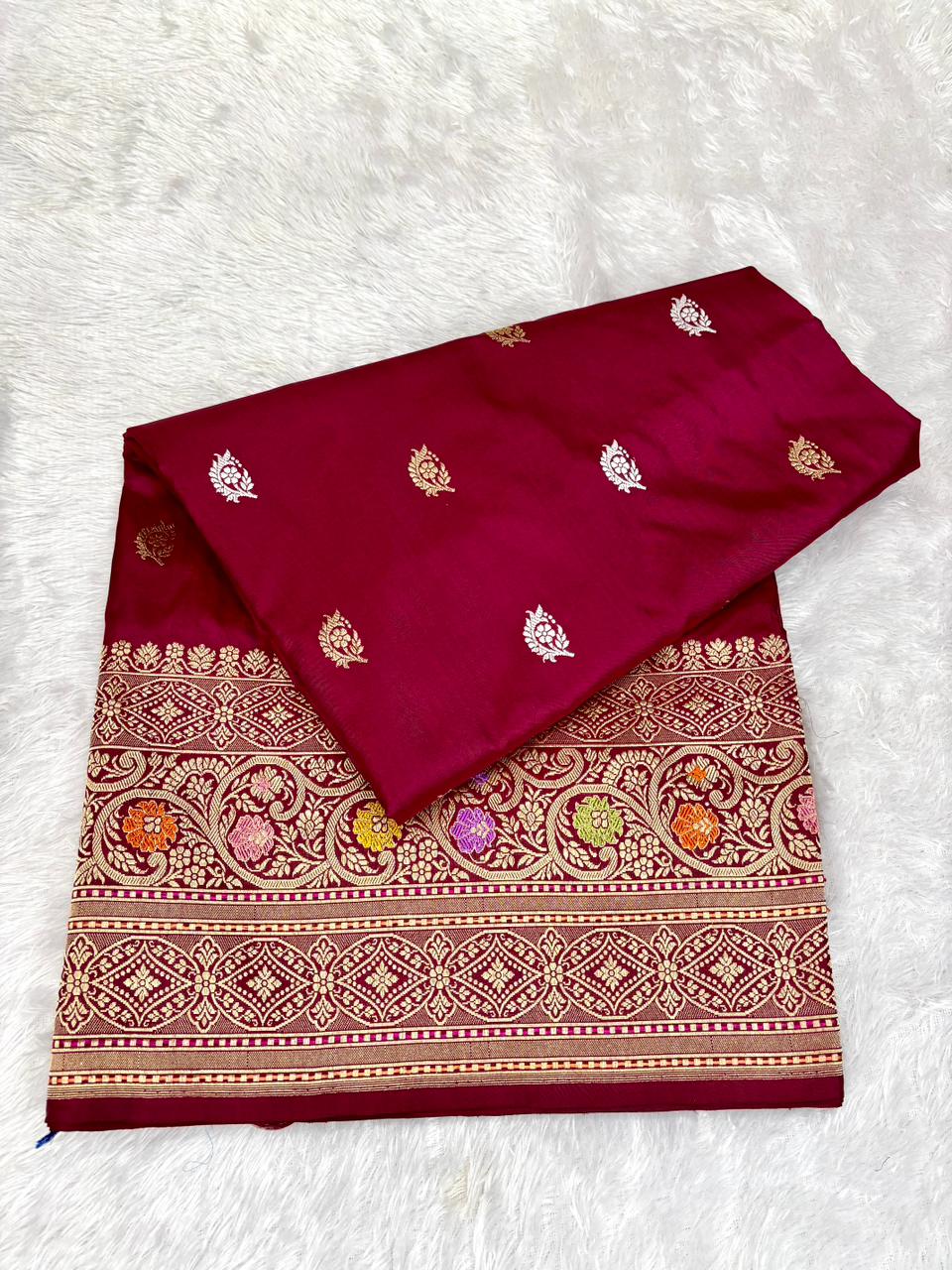 Royal Magenta/Wine Premium Handloom Banarasi Silk Saree with Meenakari Bel-Booti Jaal and Ornate Zari Border