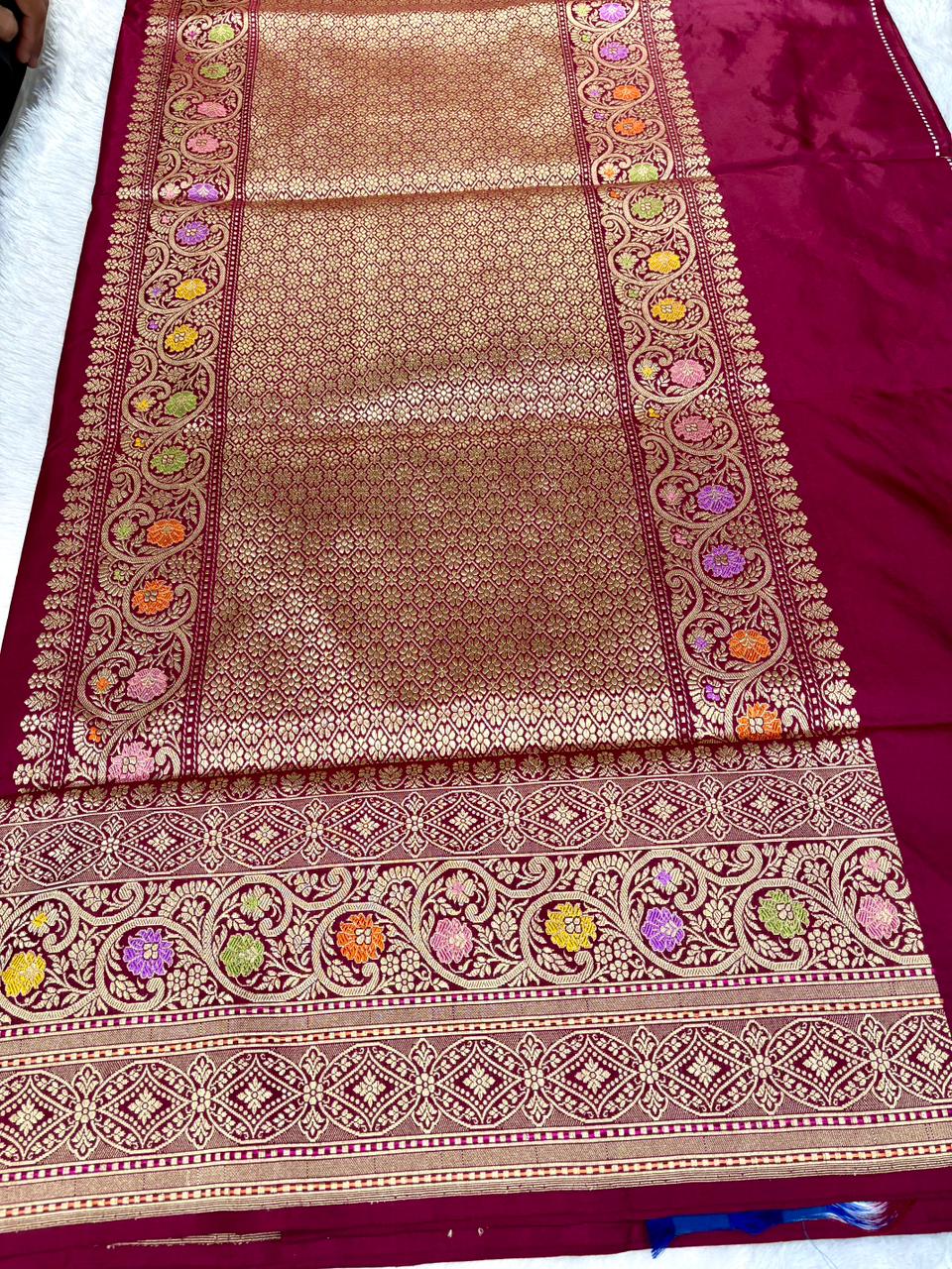 Royal Magenta/Wine Premium Handloom Banarasi Silk Saree with Meenakari Bel-Booti Jaal and Ornate Zari Border