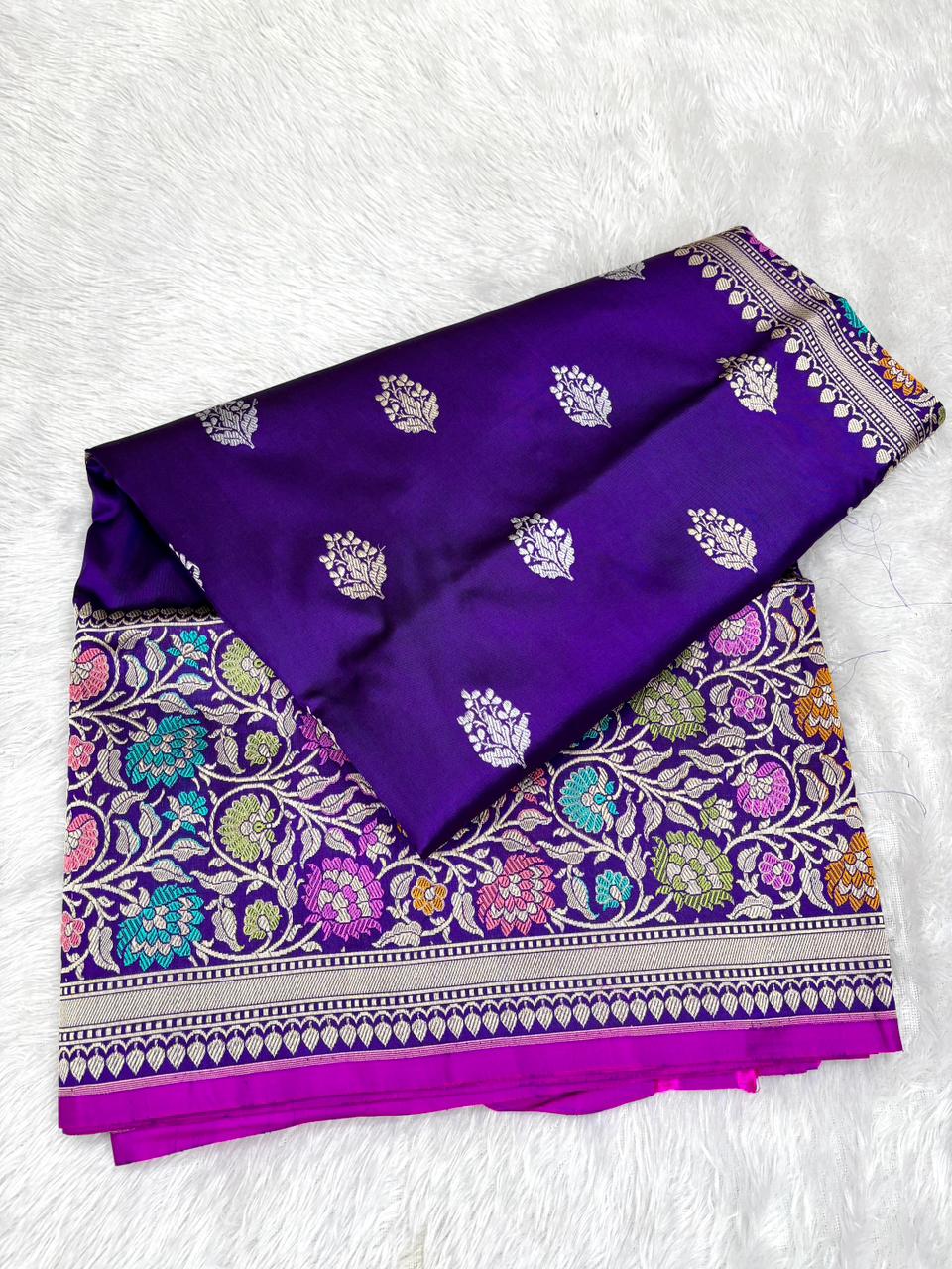 Royal Purple Handloom Silk Saree with Meenakari Bel-Booti Border