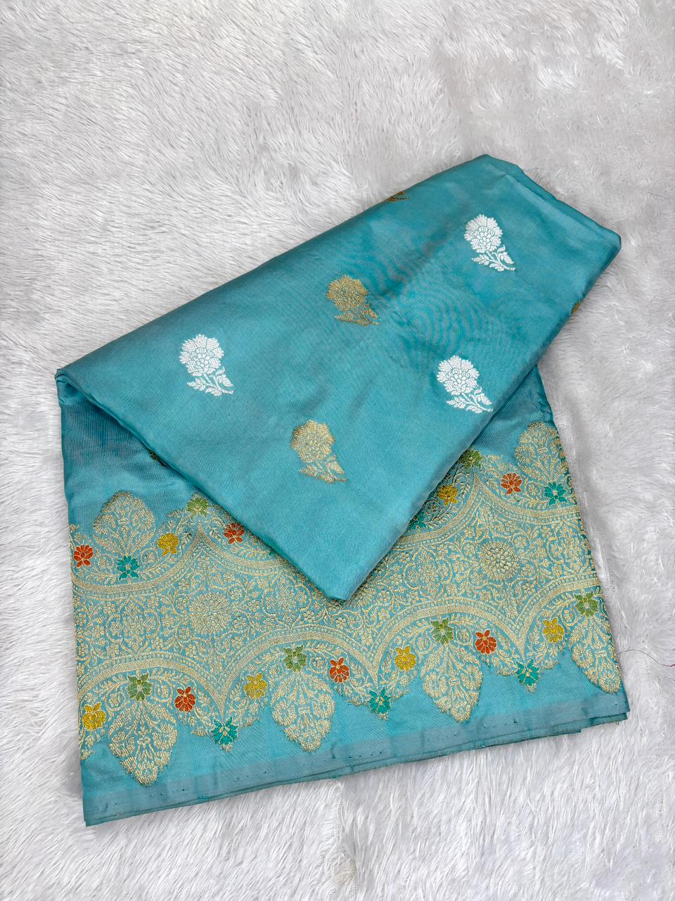 Seafoam Blue Premium Handloom Katan Silk Saree with Designer Meenakari Floral Bel Booti