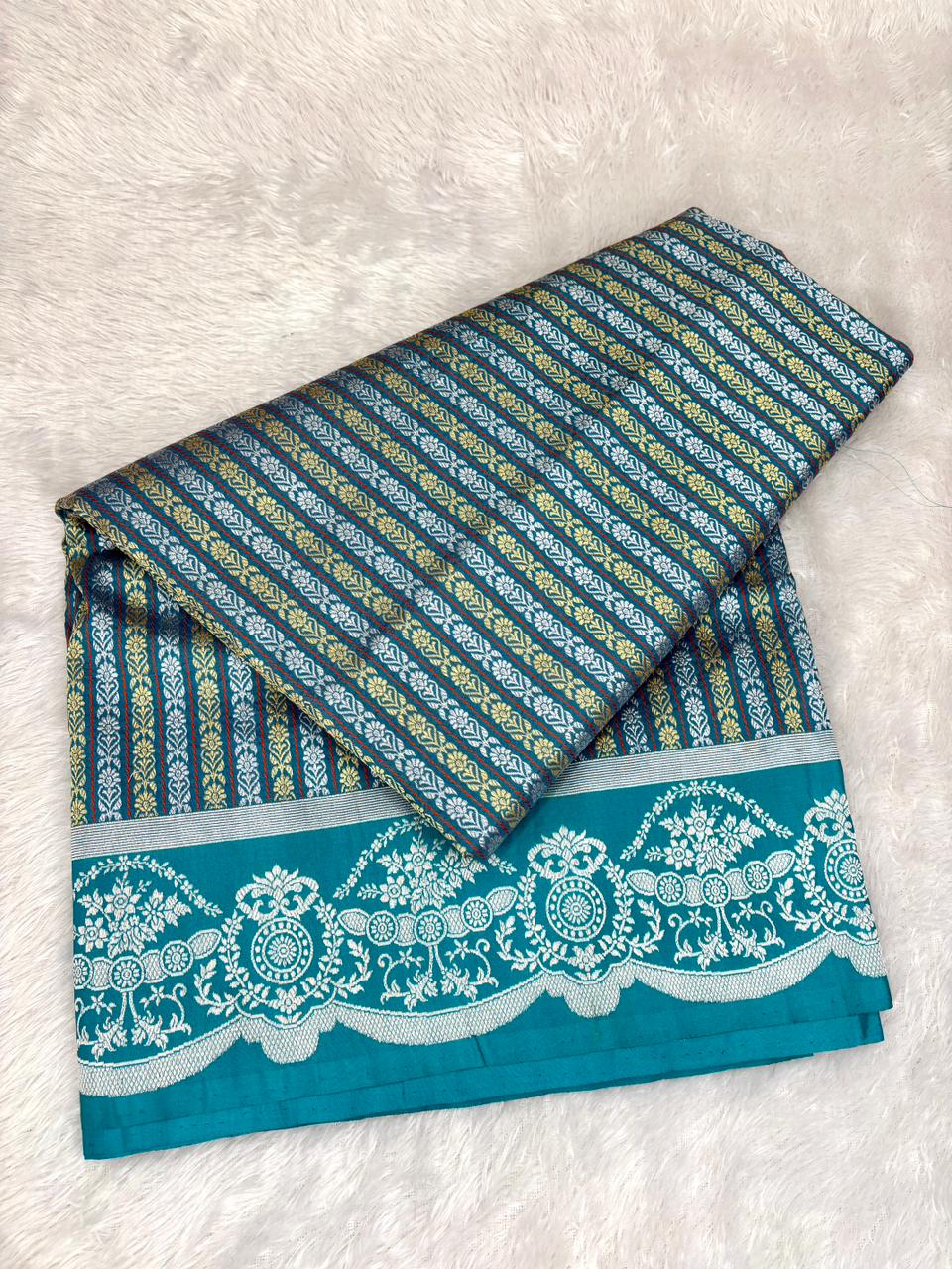 The Modern Chevron & Teal Geometric Designer Handloom Silk Saree Vertical Zari Stripes | Scalloped Meenakari Borders