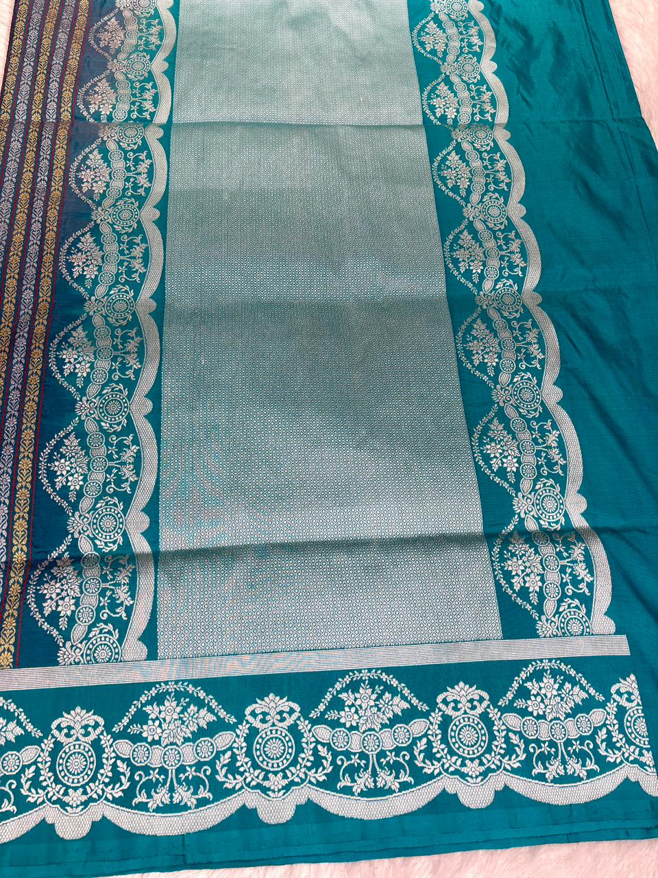 The Modern Chevron & Teal Geometric Designer Handloom Silk Saree Vertical Zari Stripes | Scalloped Meenakari Borders
