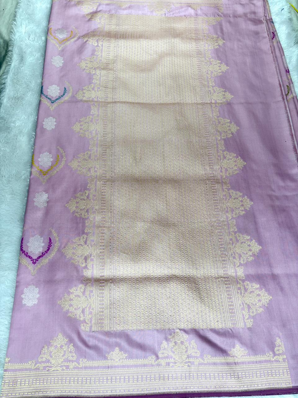 Mauve Orchid Iktara Pure Katan Silk Handloom Saree | Authentic Banarasi Kadhwa Jungla with Meenakari Alfi Buti