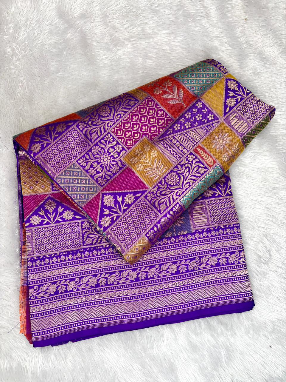 Royal Violet Katan Silk Handloom Saree | Premium Kadhua Patola-Jungla Fusion with Multi-Color Meenakari
