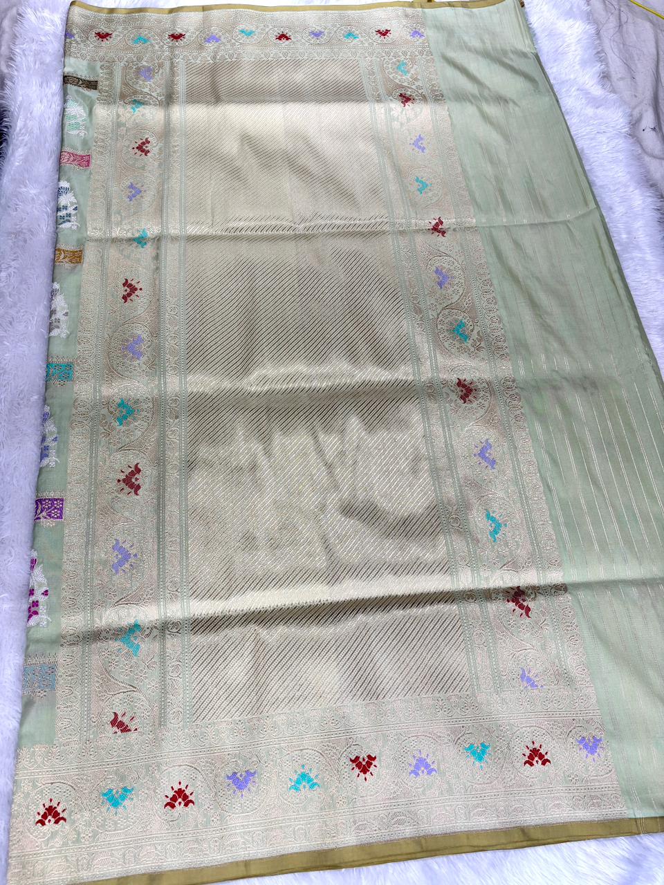 Sage Green Pure Katan Silk Saree | Premium Kadhua Meenakari Jaal Handloom Banarasi