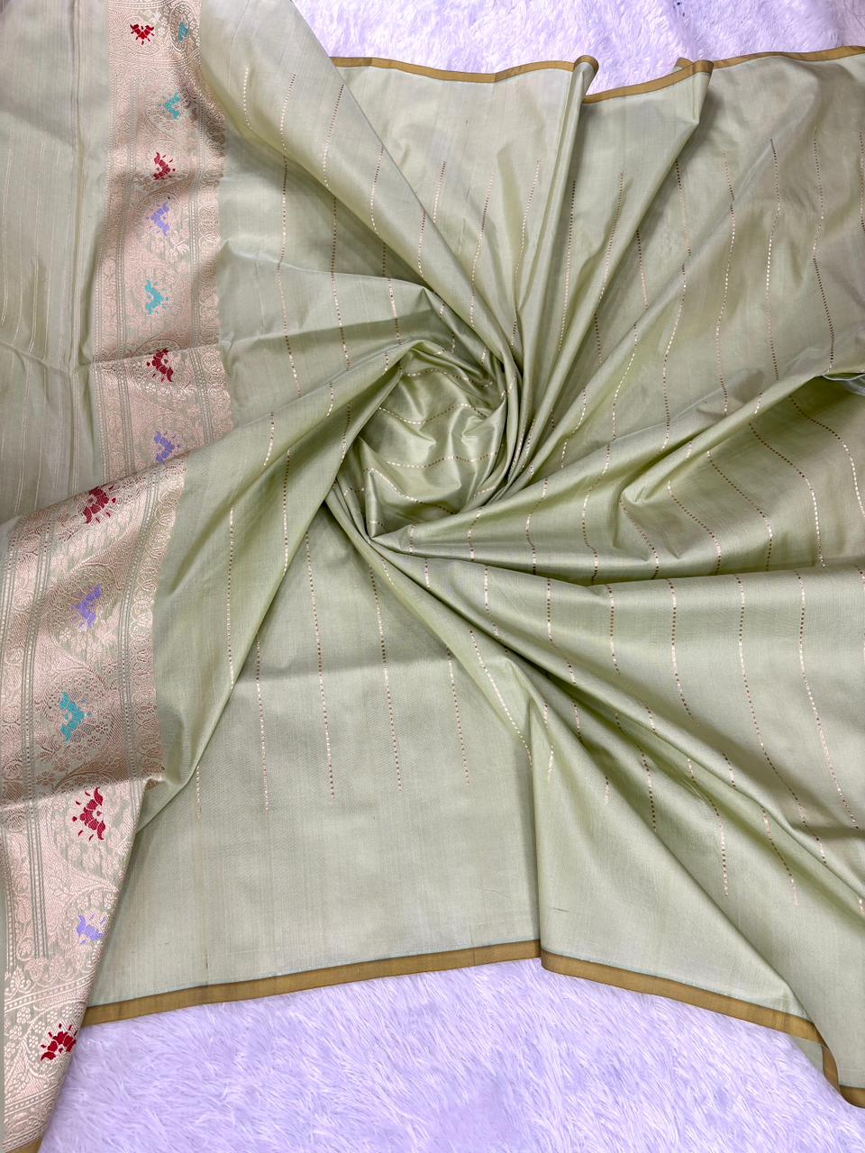 Sage Green Pure Katan Silk Saree | Premium Kadhua Meenakari Jaal Handloom Banarasi