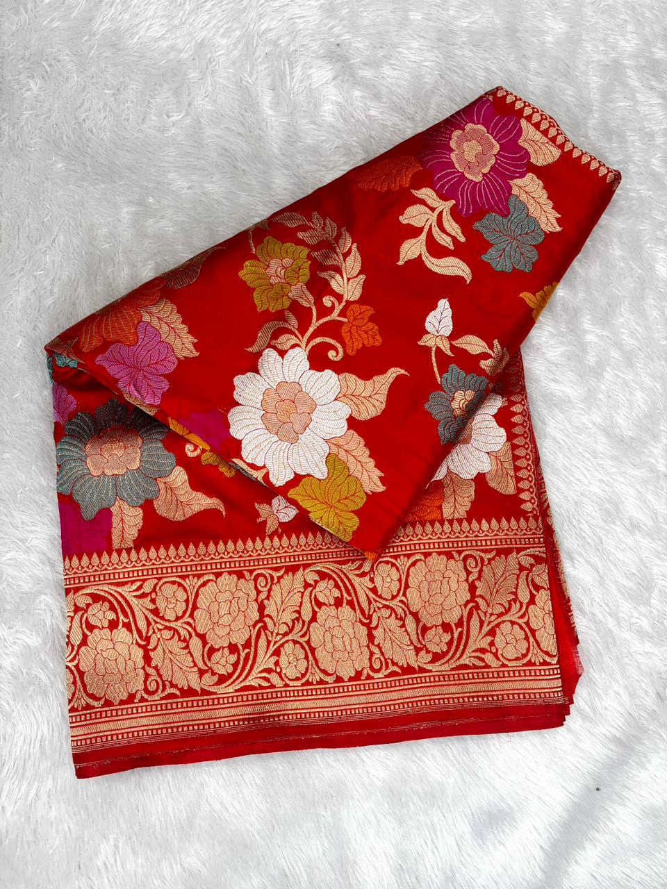 Scarlet Red Premium Katan Silk Saree | Handloom Kadhwa Heavy Floral Jungla with Pastel Meenakari