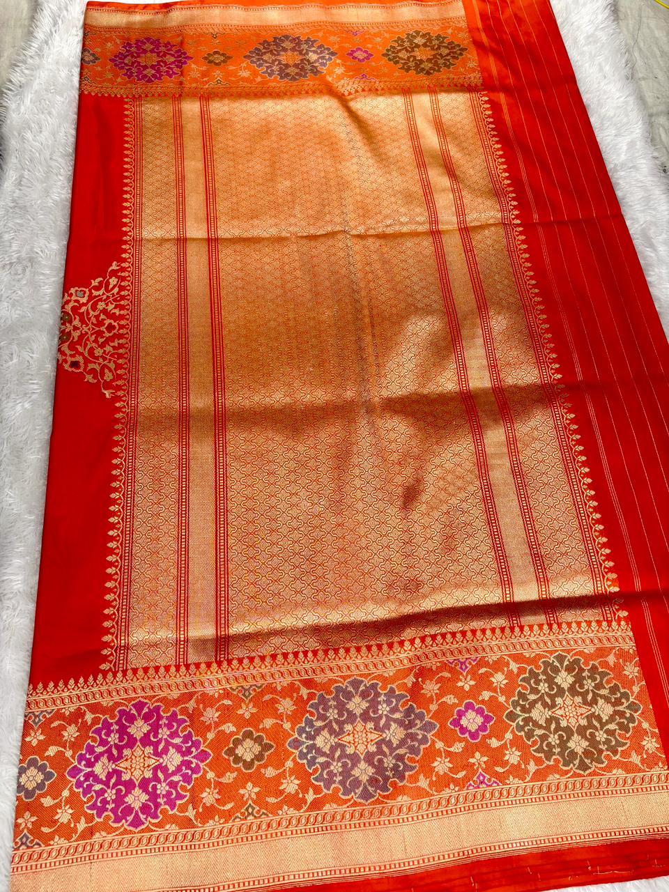 Imperial Vermilion MeenakariPremium Kadhua Jungla: Pure Katan Silk Handloom Banarasi Saree