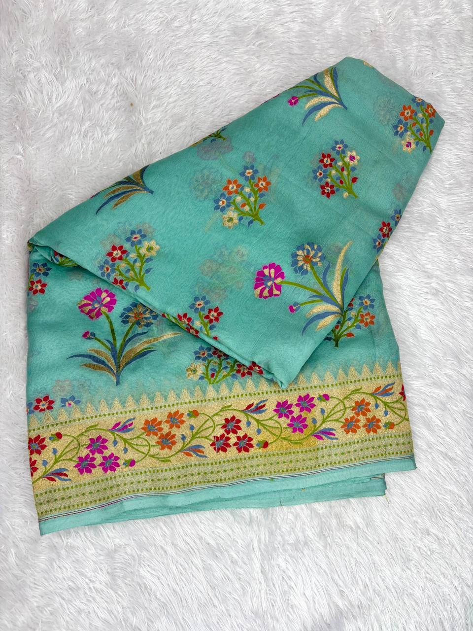 Ethereal Aqua Blue Banarasi Khaddi Georgette Saree with Multi-Color Meenakari