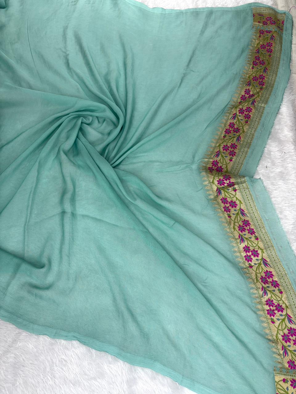 Ethereal Aqua Blue Banarasi Khaddi Georgette Saree with Multi-Color Meenakari
