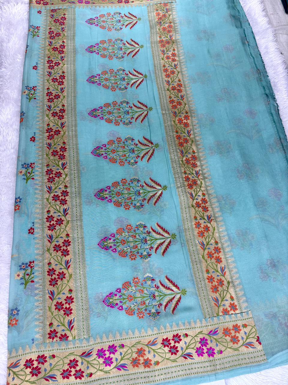 Ethereal Aqua Blue Banarasi Khaddi Georgette Saree with Multi-Color Meenakari