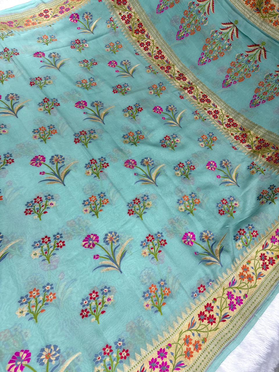 Ethereal Aqua Blue Banarasi Khaddi Georgette Saree with Multi-Color Meenakari