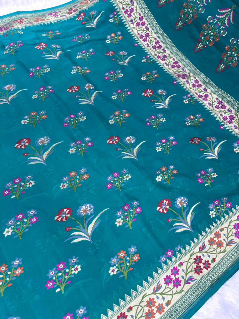 Handloom Banarasi Khaddi Georgette Saree with Multi-Color Meenakari Weave