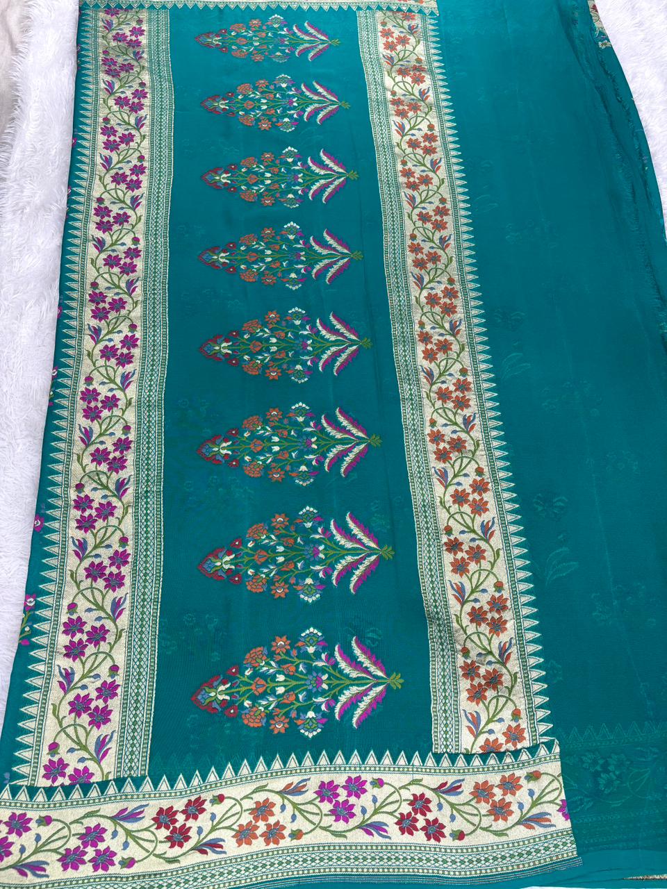 Handloom Banarasi Khaddi Georgette Saree with Multi-Color Meenakari Weave