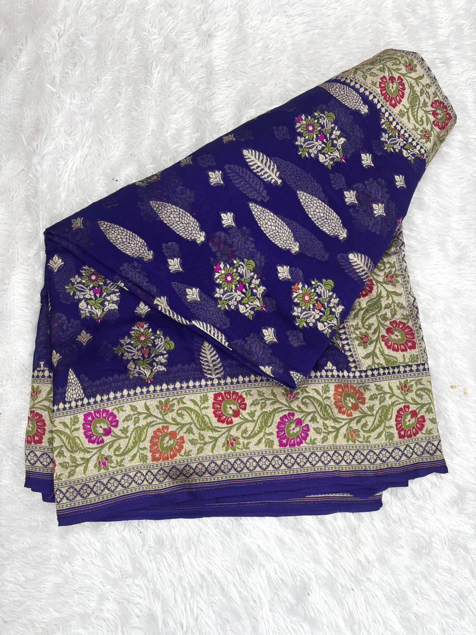 Regal Royal Blue Pure Khaddi Georgette Handloom Banarasi Saree with Meenakari Paisley Pallu