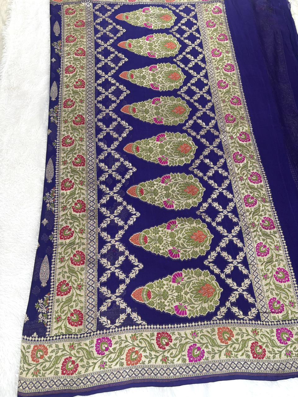 Regal Royal Blue Pure Khaddi Georgette Handloom Banarasi Saree with Meenakari Paisley Pallu