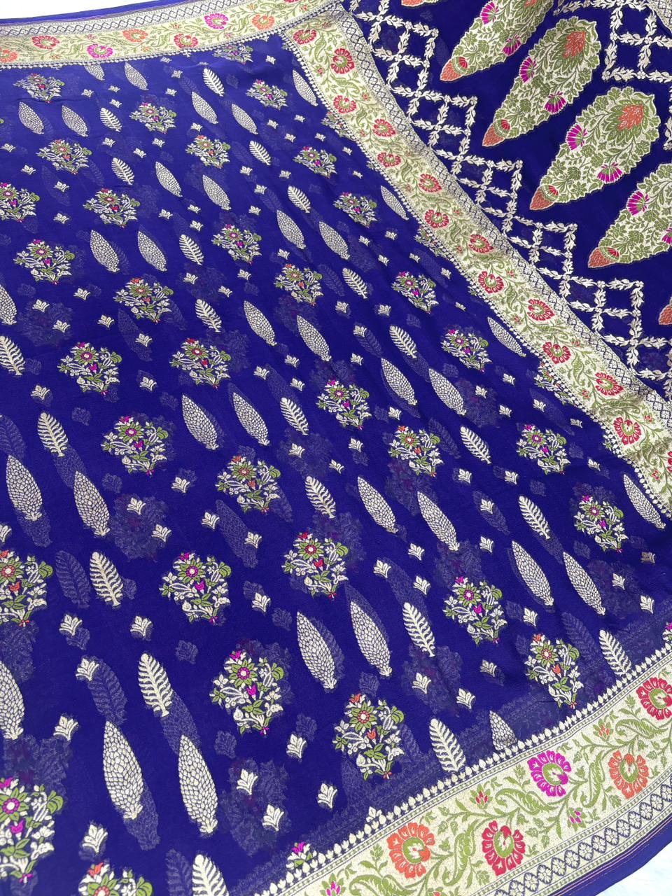 Regal Royal Blue Pure Khaddi Georgette Handloom Banarasi Saree with Meenakari Paisley Pallu