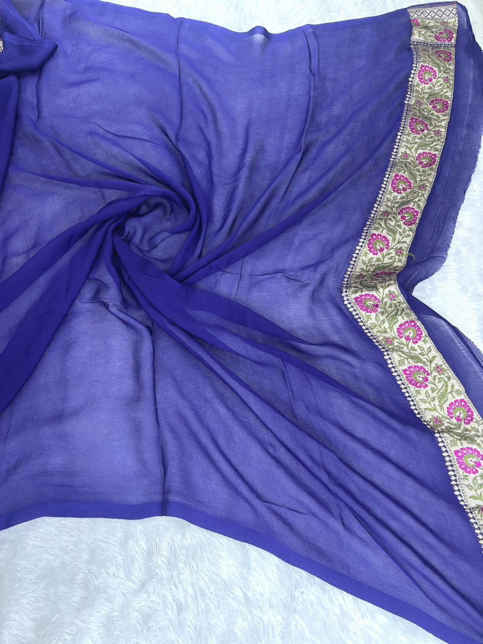 Regal Royal Blue Pure Khaddi Georgette Handloom Banarasi Saree with Meenakari Paisley Pallu