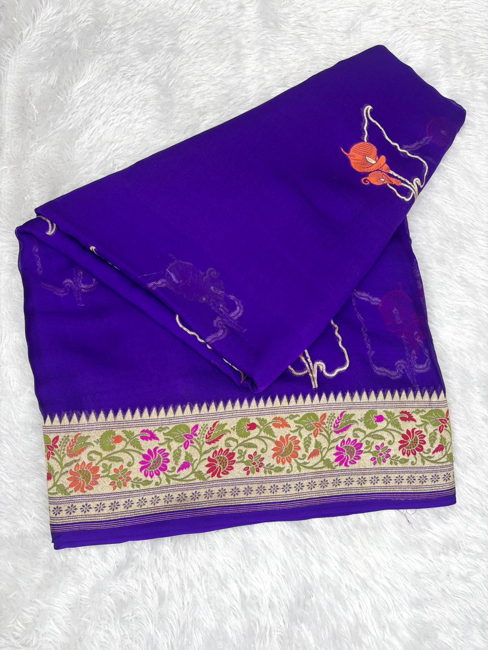 Enchanting Violet Pure Khaddi Georgette Handloom Banarasi Saree with Stylized Floral Motifs