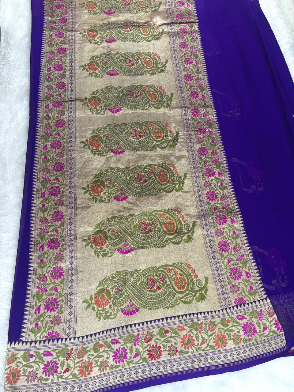 Enchanting Violet Pure Khaddi Georgette Handloom Banarasi Saree with Stylized Floral Motifs