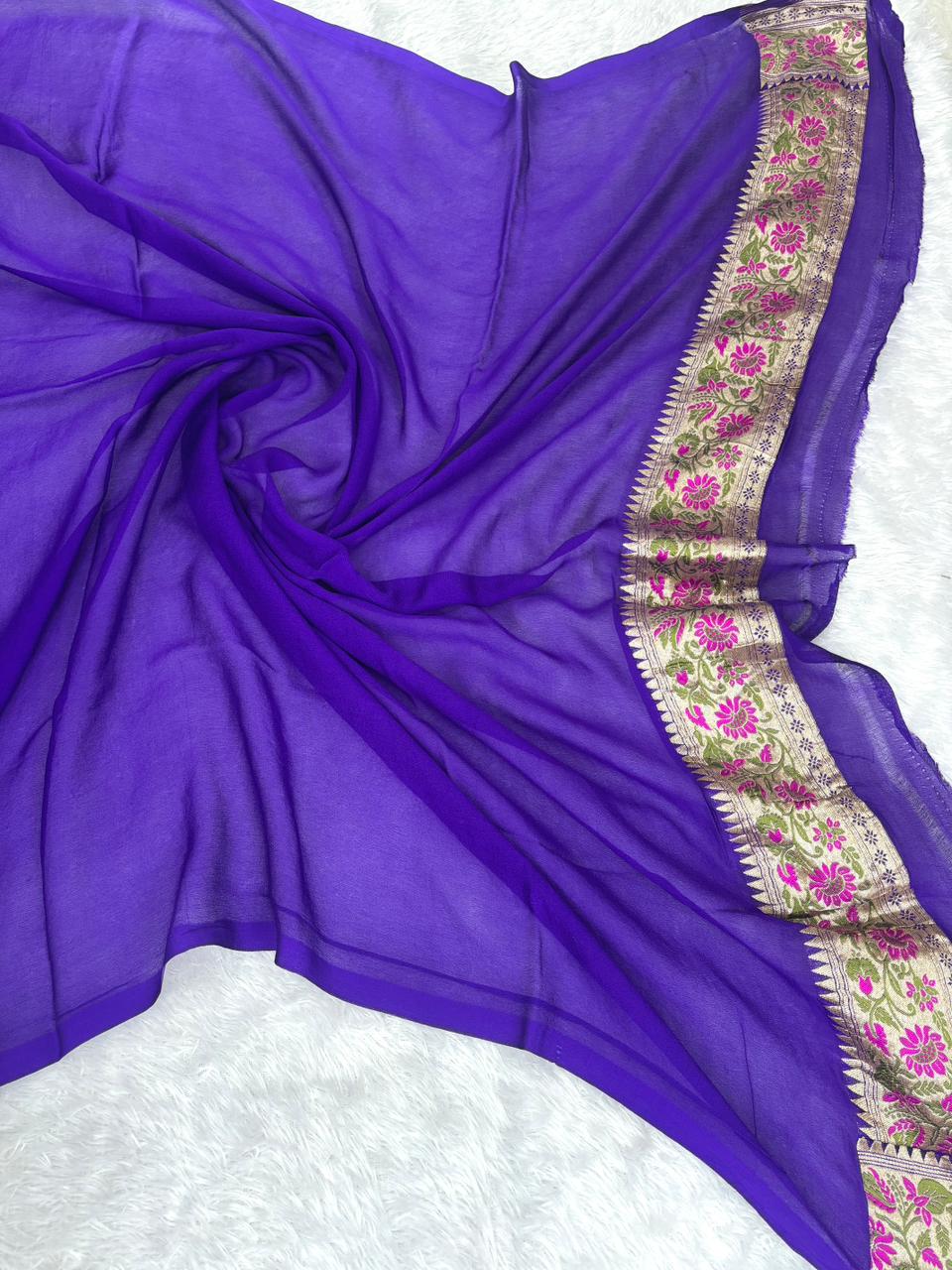 Enchanting Violet Pure Khaddi Georgette Handloom Banarasi Saree with Stylized Floral Motifs