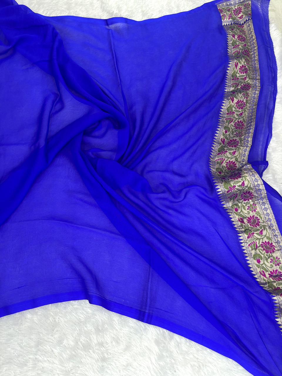 Vibrant Electric Blue Pure Khaddi Georgette Handloom Saree with Contemporary Meenakari Motifs
