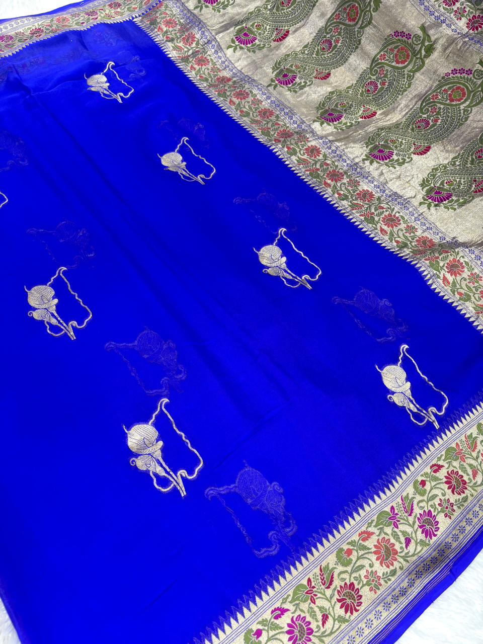 Vibrant Electric Blue Pure Khaddi Georgette Handloom Saree with Contemporary Meenakari Motifs