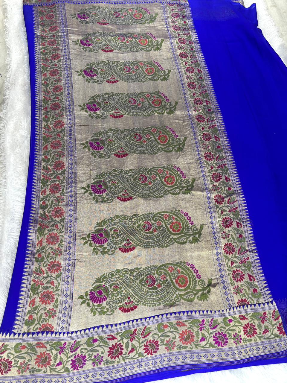 Vibrant Electric Blue Pure Khaddi Georgette Handloom Saree with Contemporary Meenakari Motifs
