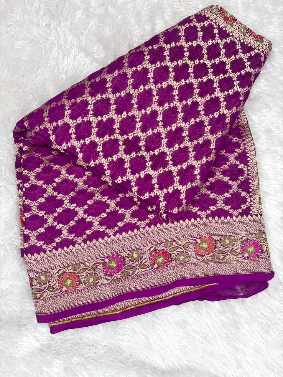 Royal Blue Pure Khaddi Georgette Handloom Saree with Silver Zari Leaf & Meenakari Motifs