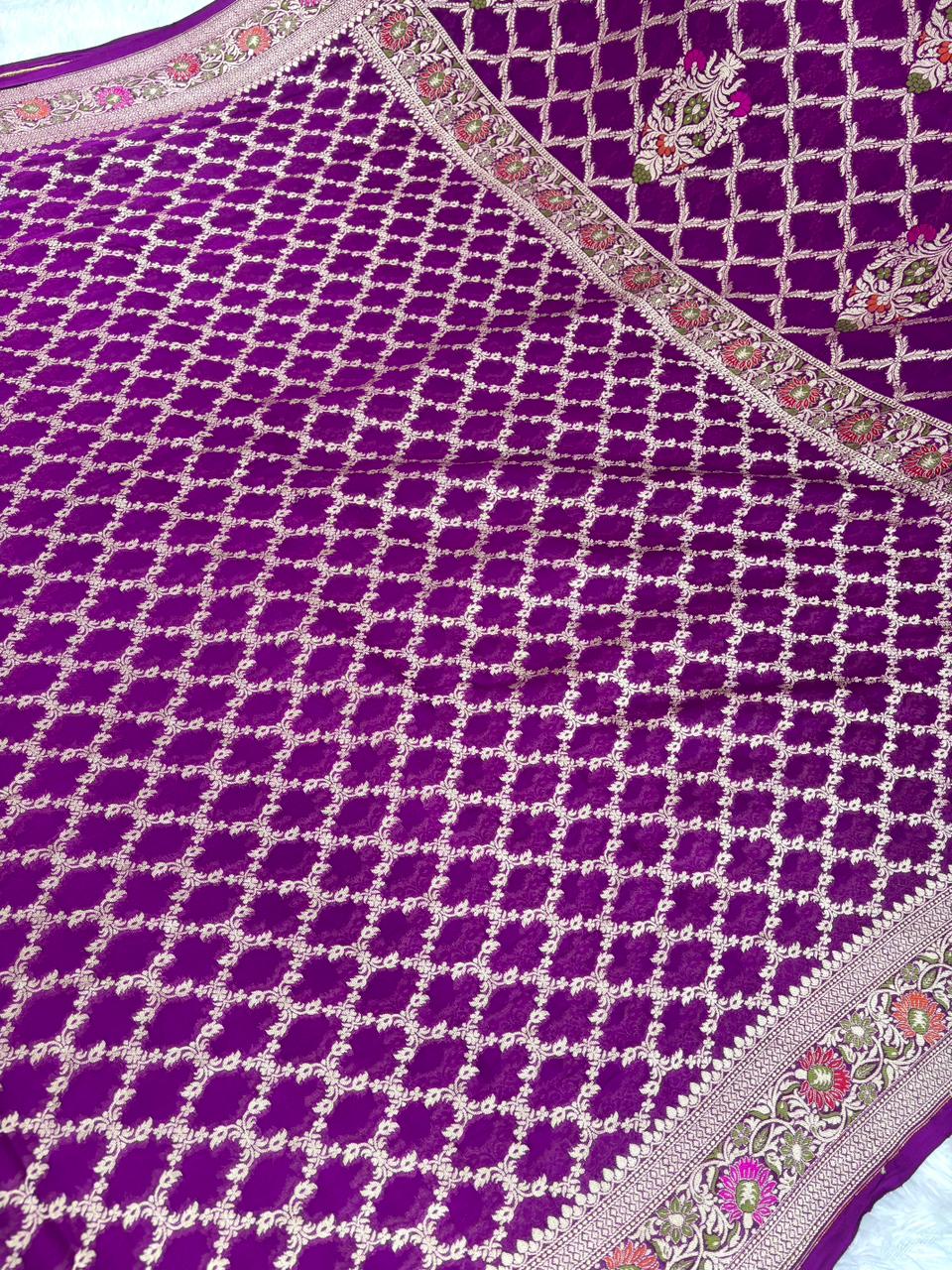 Royal Blue Pure Khaddi Georgette Handloom Saree with Silver Zari Leaf & Meenakari Motifs