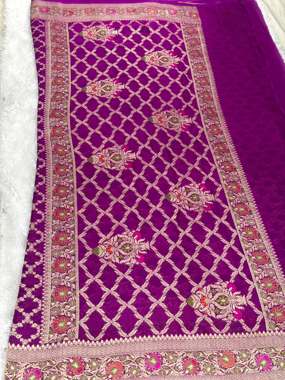 Royal Blue Pure Khaddi Georgette Handloom Saree with Silver Zari Leaf & Meenakari Motifs
