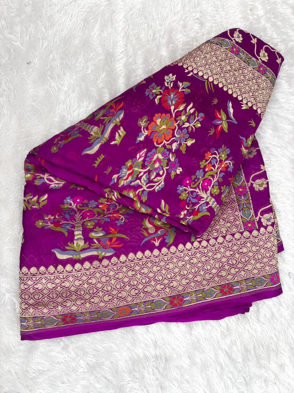 Royal Blue Pure Khaddi Georgette Handloom Saree with Silver Zari Leaf & Meenakari Bunches