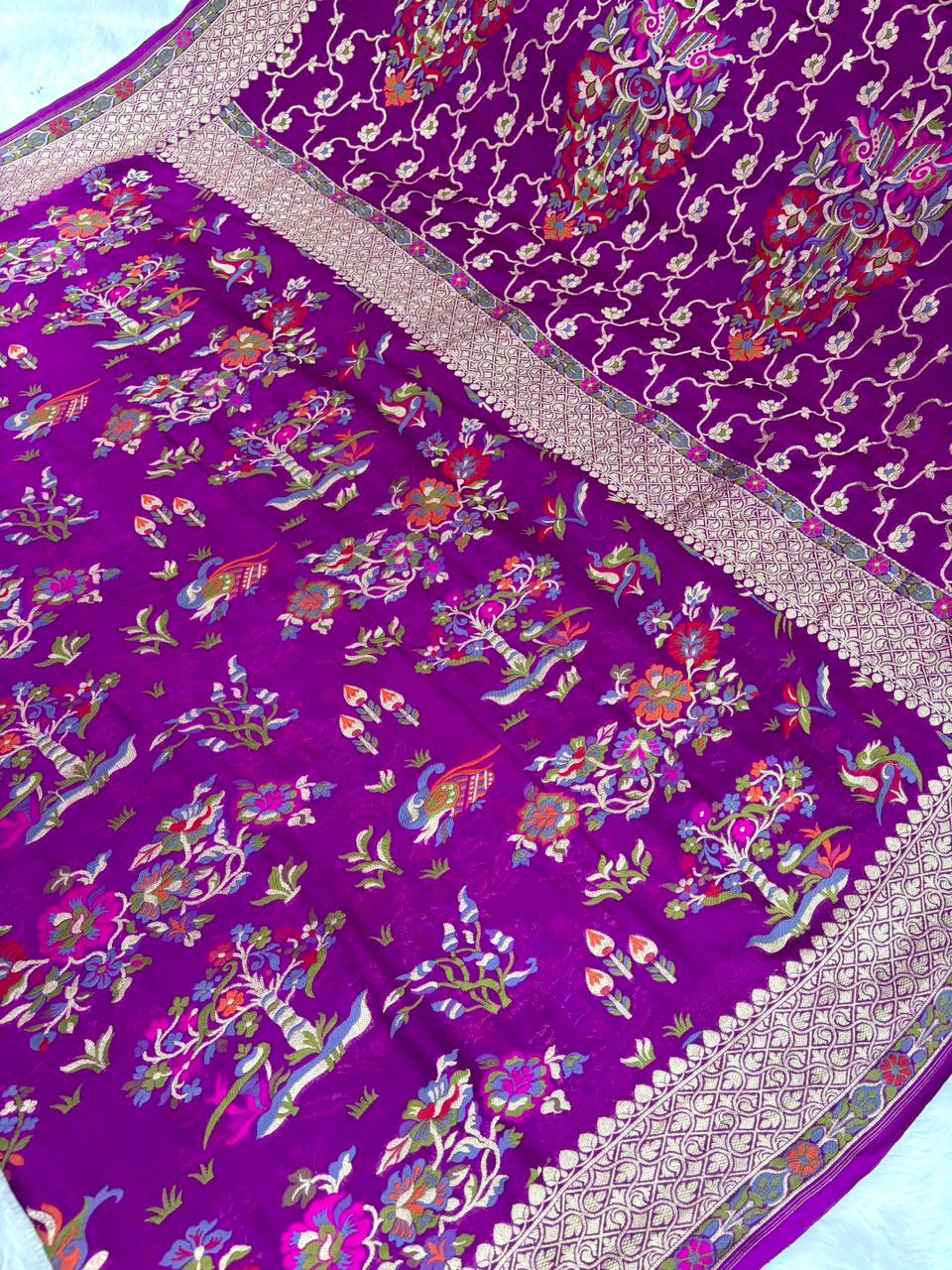 Royal Blue Pure Khaddi Georgette Handloom Saree with Silver Zari Leaf & Meenakari Bunches