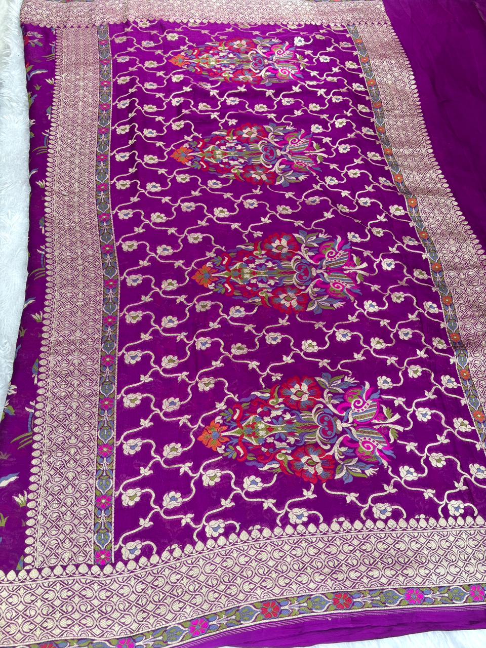 Royal Blue Pure Khaddi Georgette Handloom Saree with Silver Zari Leaf & Meenakari Bunches
