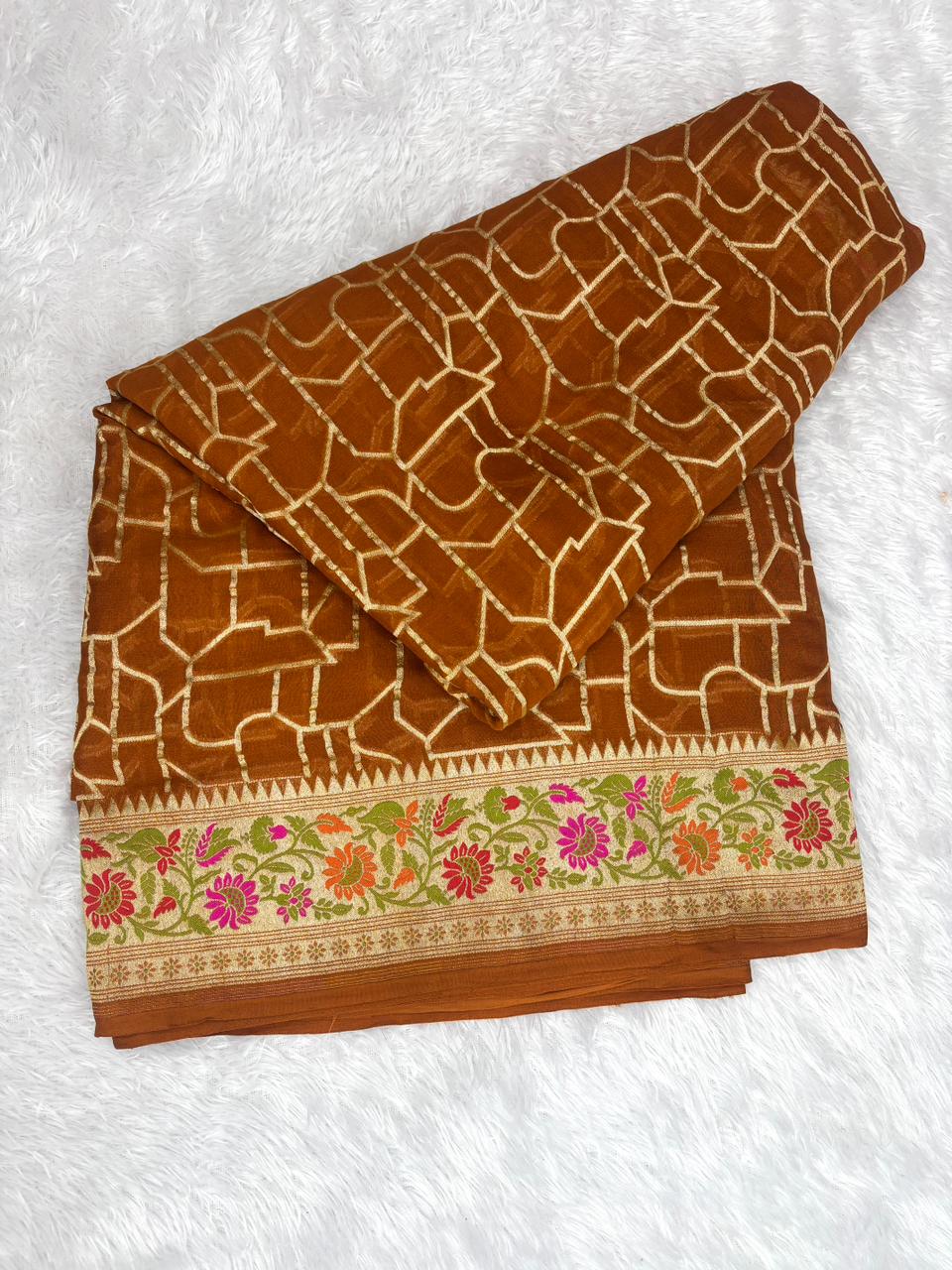 Rust Copper Pure Khaddi Georgette Saree with Abstract Geometric Zari Weave