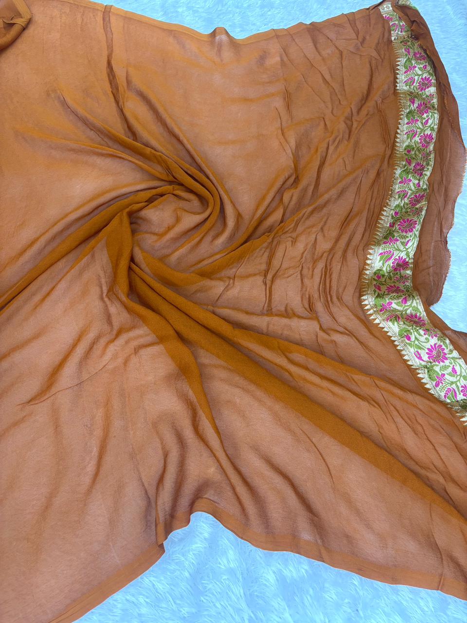 Rust Copper Pure Khaddi Georgette Saree with Abstract Geometric Zari Weave