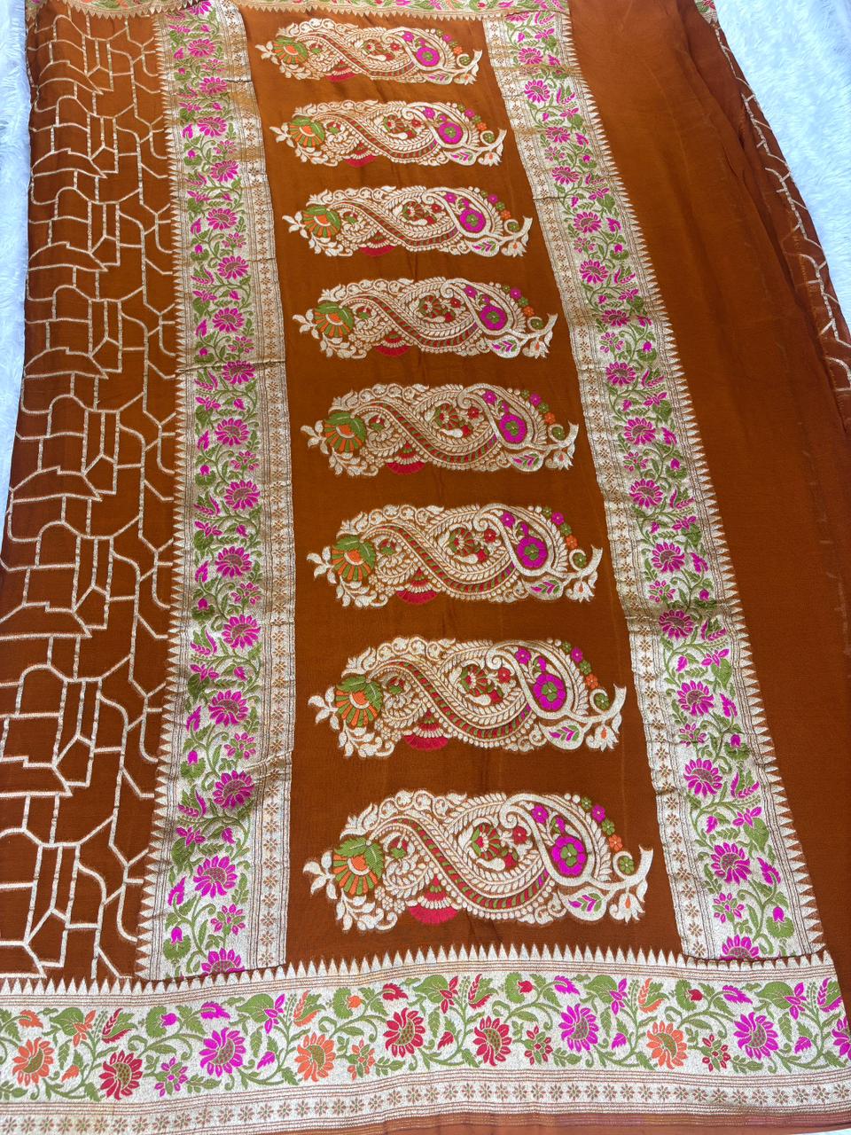 Rust Copper Pure Khaddi Georgette Saree with Abstract Geometric Zari Weave