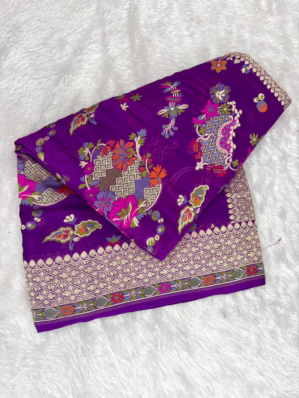Deep Violet Pure Khaddi Georgette Saree with Meenakari Floral Basket Motifs