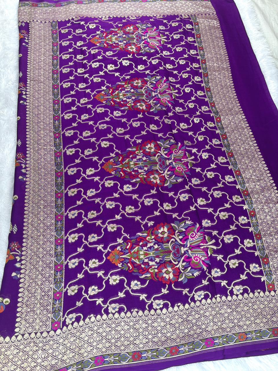 Deep Violet Pure Khaddi Georgette Saree with Meenakari Floral Basket Motifs