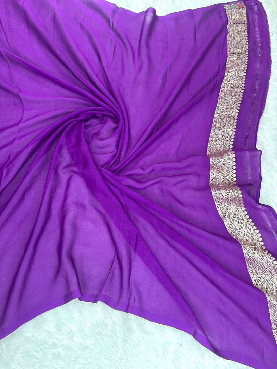 Deep Violet Pure Khaddi Georgette Saree with Meenakari Floral Basket Motifs