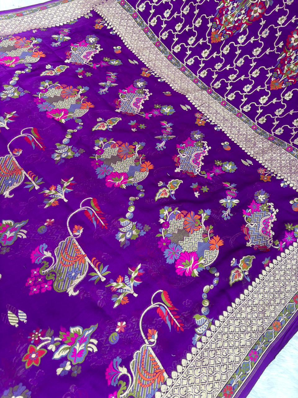 Deep Violet Pure Khaddi Georgette Saree with Meenakari Floral Basket Motifs