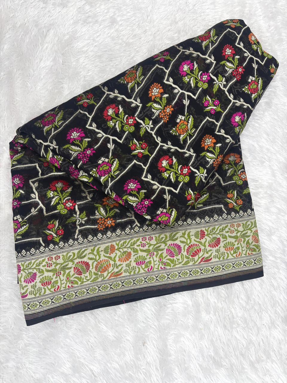 Midnight Black Pure Khaddi Georgette Saree with Floral-Geometric Jaal