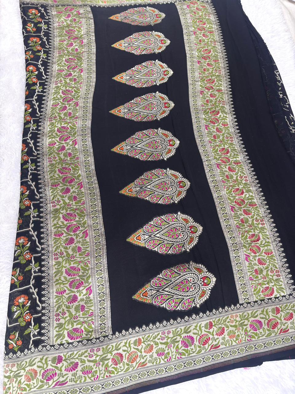 Midnight Black Pure Khaddi Georgette Saree with Floral-Geometric Jaal