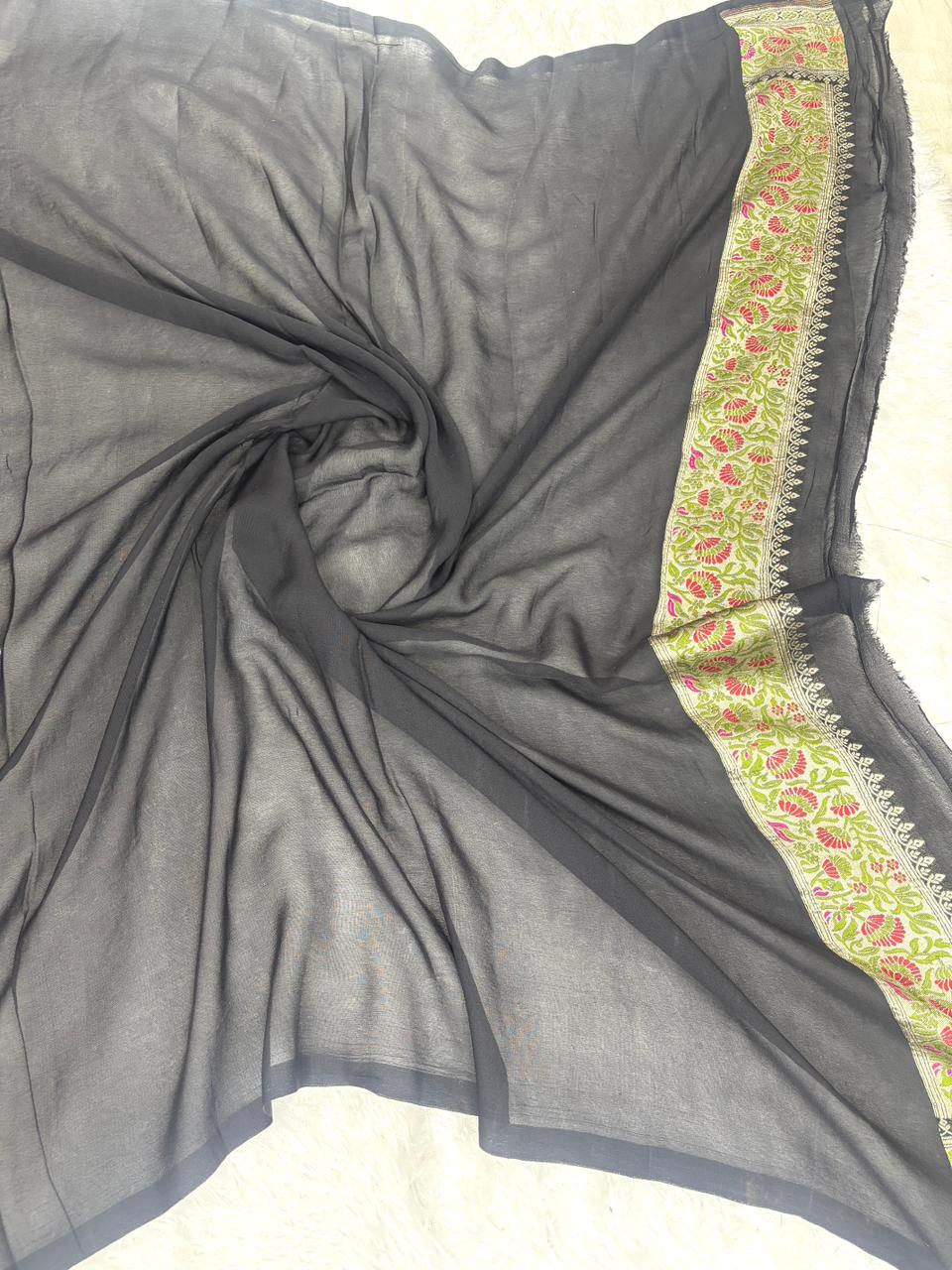 Midnight Black Pure Khaddi Georgette Saree with Floral-Geometric Jaal