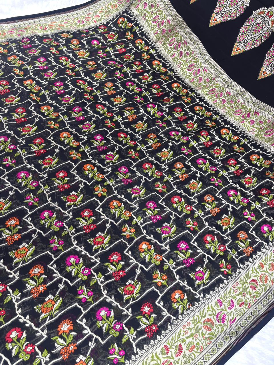 Midnight Black Pure Khaddi Georgette Saree with Floral-Geometric Jaal