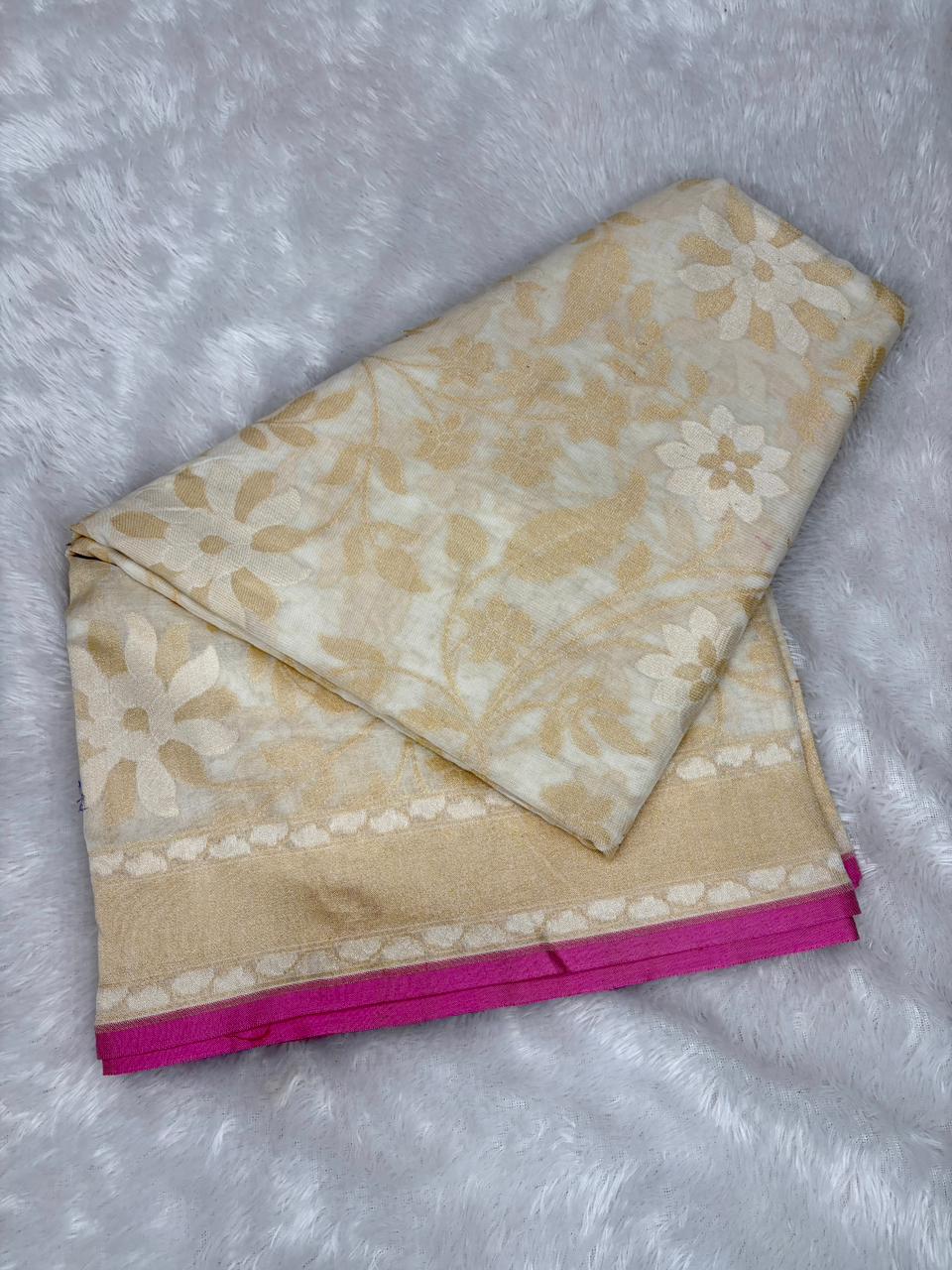 The Ivory Grace | Pure Katan Silk Banarasi Jamdani with Rani Pink Accents