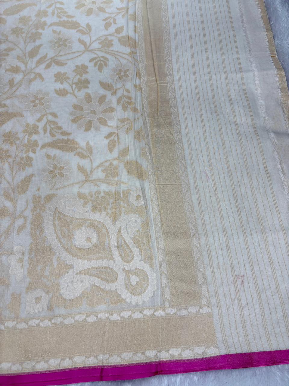 The Ivory Grace | Pure Katan Silk Banarasi Jamdani with Rani Pink Accents
