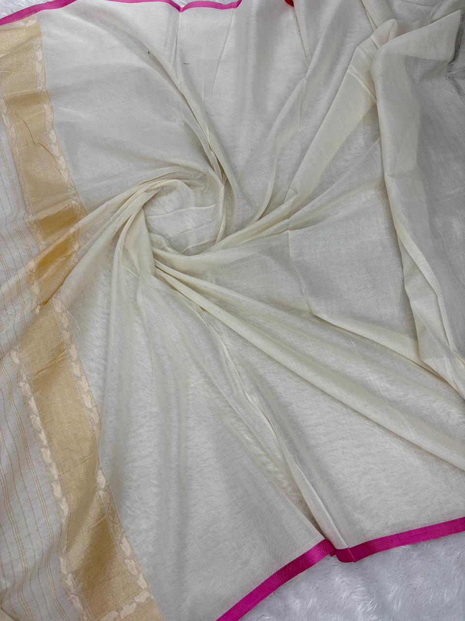The Ivory Grace | Pure Katan Silk Banarasi Jamdani with Rani Pink Accents
